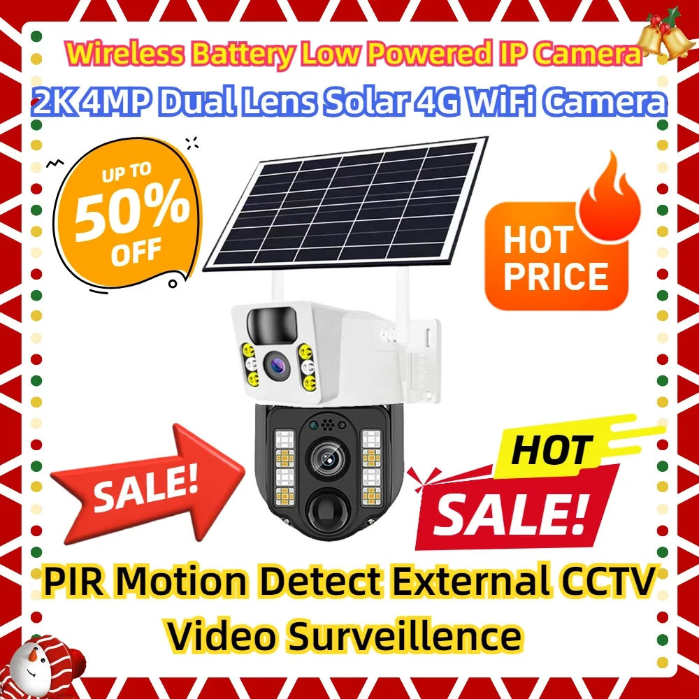 

Wireless Battery Low Powered IP Camera PIR Motion Detect External CCTV Video Surveillence 2K 4MP Dual Lens Solar 4G WiFi Camera