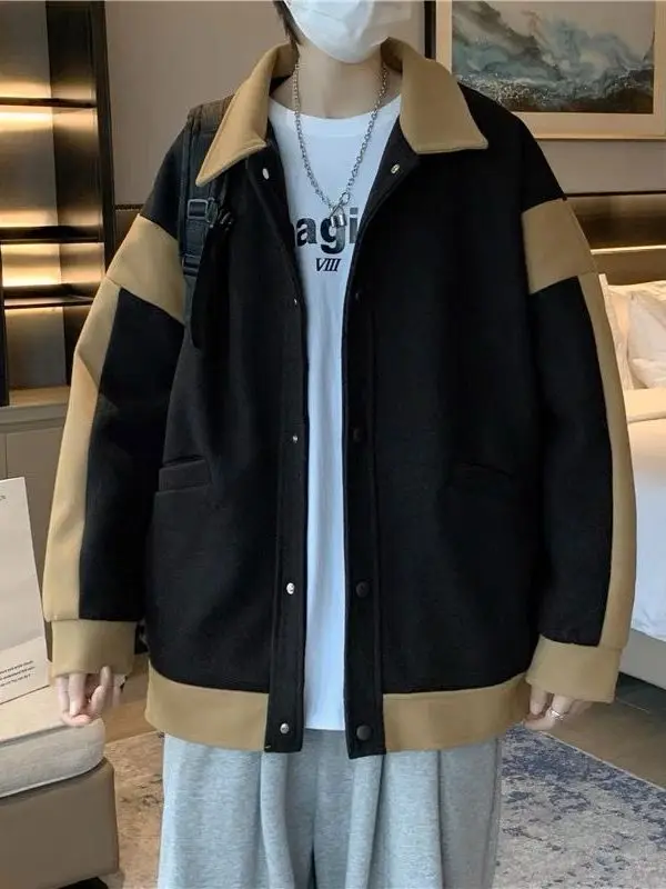 

Retro Color Blo Hong Kong Sle Woolen Coat Men's Autumn Winter Loose Casual Lapel Jaet Korean Version High End Feeling