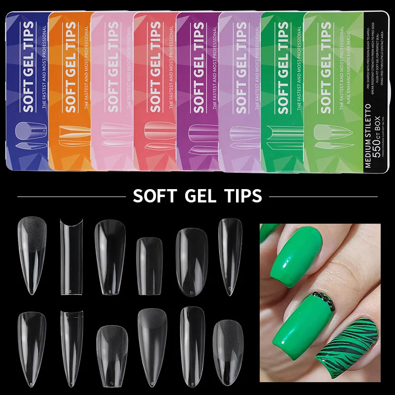 PINPAI Clear Acrylic Long Fake Nails Capsules Almond French Coffin Full Half Cover False Nails Artificial Nail Soft Gel Tips