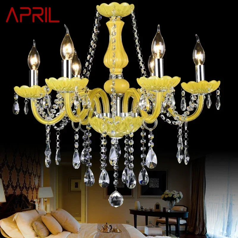 APRIL European Luxurious Crystal Pendent Lamp Yellow Candle Lamp Warm Living room and bedroom Restaurant Hotel Villa Chandelier