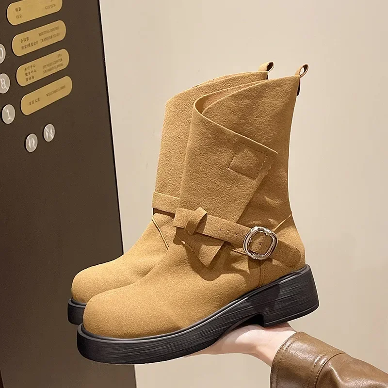 

Women's Shoes 2024 High Quality Slip-on Women's Boots Fashion Belt Buckle Modern Boots Women Hot Sale Round Toe Knee-High Boots