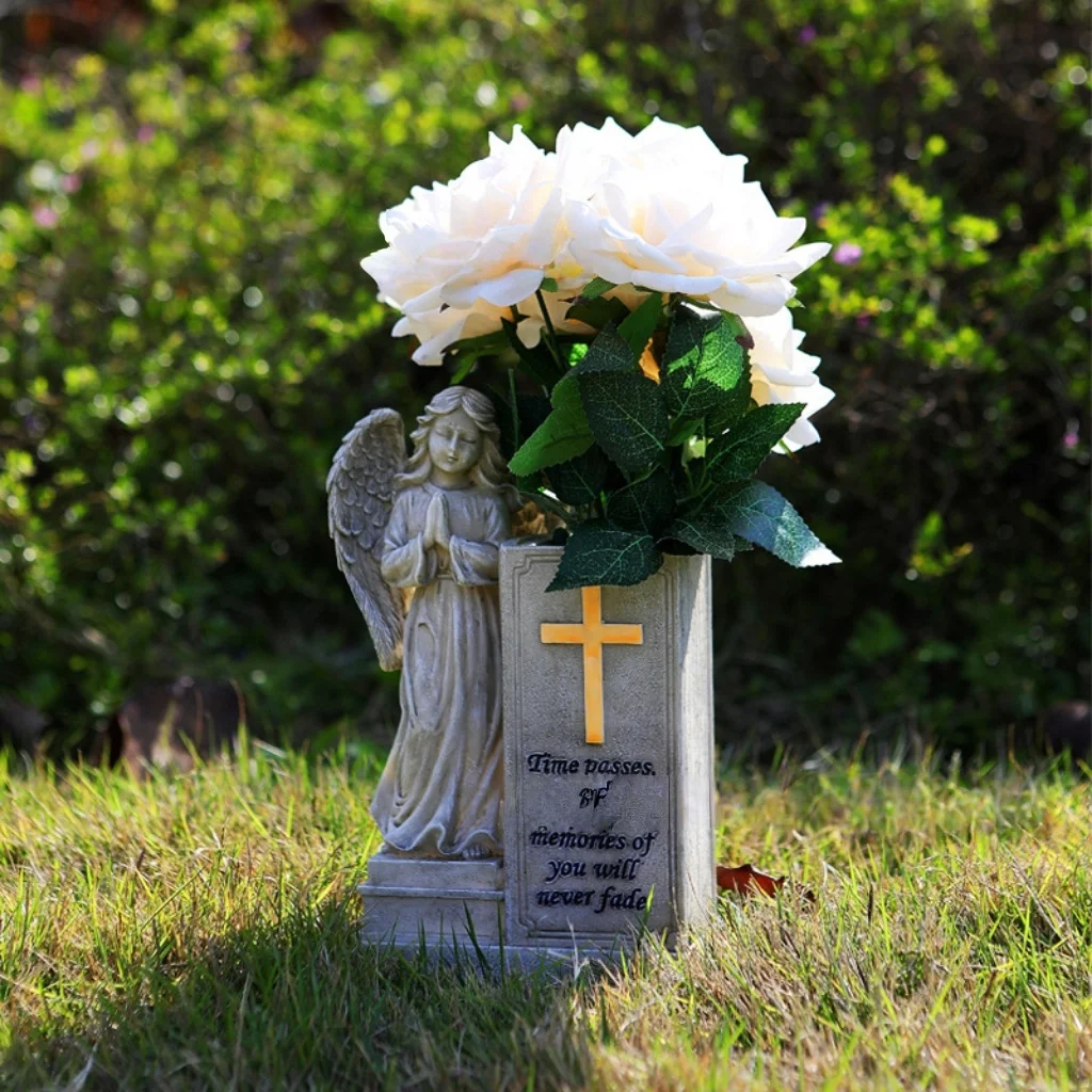 Religious Prayer Angel Decorations Commemorative Resin Crafts with Books Vases Flower Pots Crosses - Ornaments for Garden