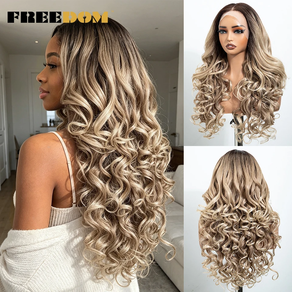 FREEDOM Curly Synthetic Lace Front Wigs For Black Women 24 Inch Pre Plucked Lace Wig Ombre Brown Blonde Highlight Daily Use Wig