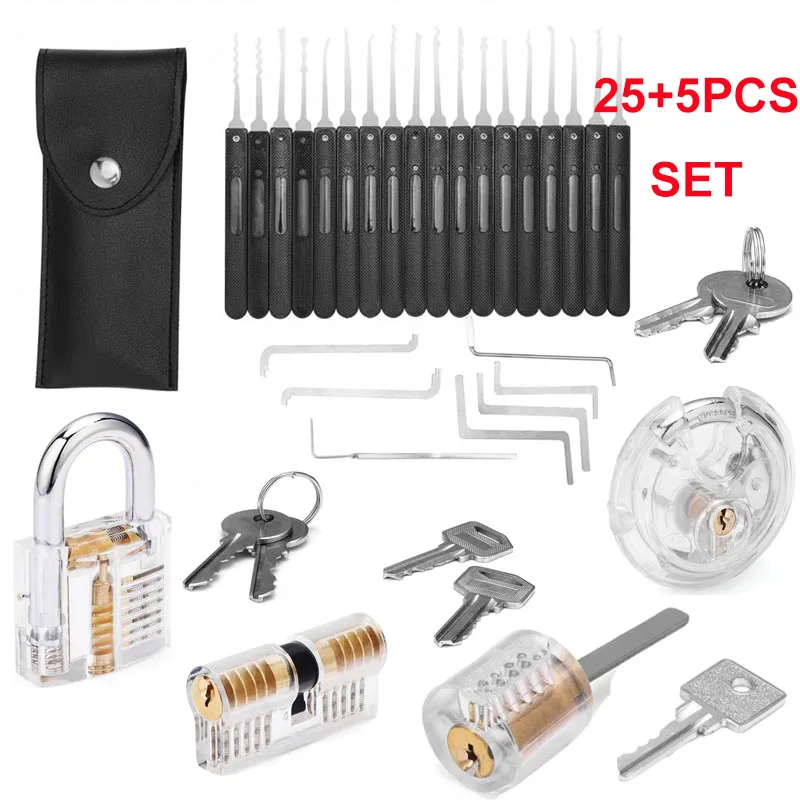 2026 25PCS Lock Pick PACK Locksmith Supplies Broken Key Auto Extractor Remove Hooks with 5pcs Transparent Locks DIY Hand Tools