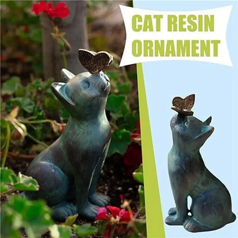 N96R Cat And Butterfly Curiosity Garden Statue Decor Cat Sculpture Animal Figurines, Durable Fine Workmanship