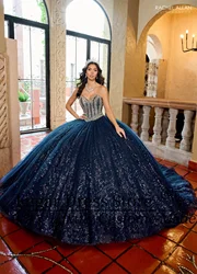 Luxuly A-line skirt Princess Ball Gown Quinceañera Dresses Glittering Sequins Beading Navy Silver Birthday Party For 15th GirlsS