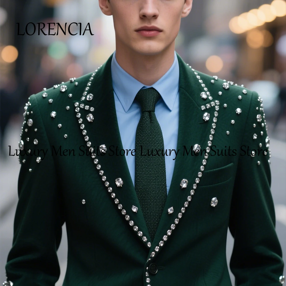 

Elegant Slim Fit Suits for Male 2 Pieces Crystal Evening Party Tuxedos Outfits Customized Blazer Pants costume homme luxe