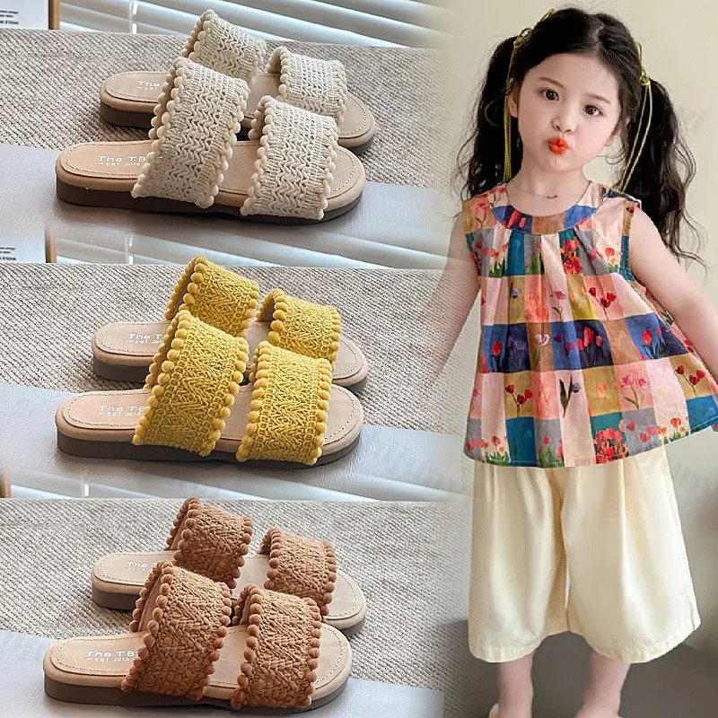 

Fashion Girls' Beach Casual Slippers 2025 Summer Comfortable Weave Open Toe Cool Flat Shoes Childrens' Soft sole Outdoor Sandals