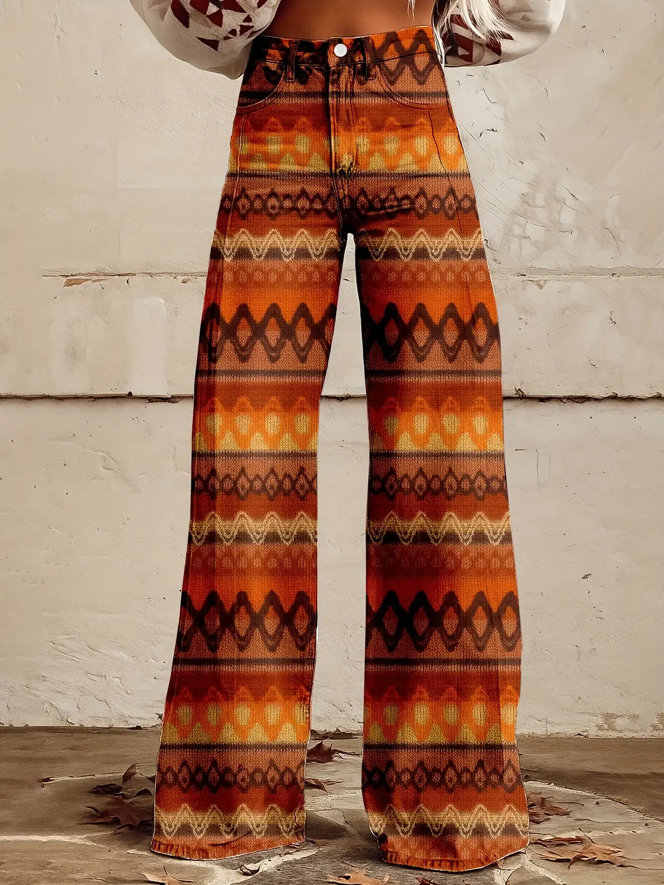 

Ladies' high waisted micro elastic digital printed denim wide leg pants, versatile patterns