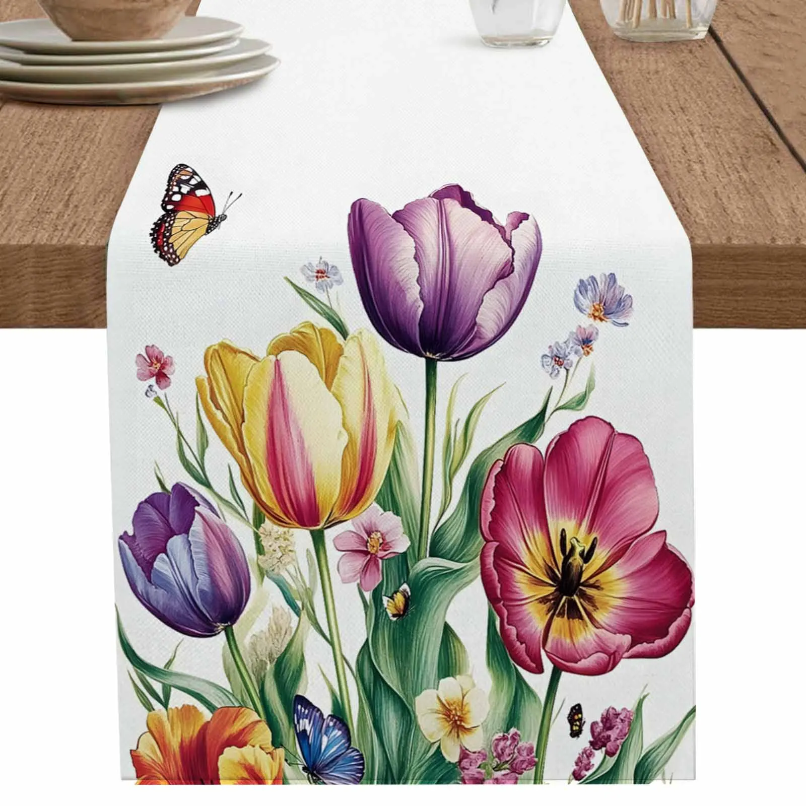 Blooming Tulips Runner Wedding Decor Table Cover Holiday Party Coffee Table Decoration Tablecloth