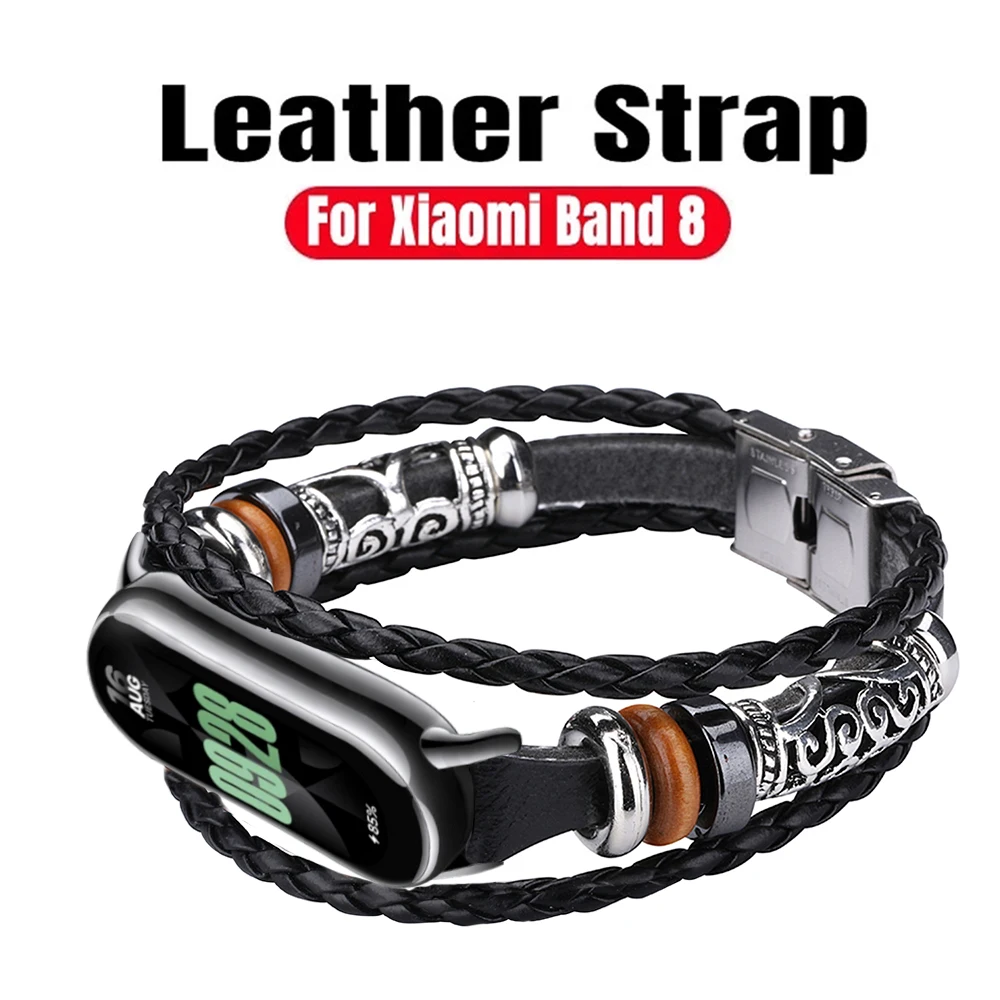 Vintage Leather Watch Band for Xiaomi Mi Band 8 NFC /Miband 8 Strap Retro Bracelet Weave Rope Watchband Replacement correa