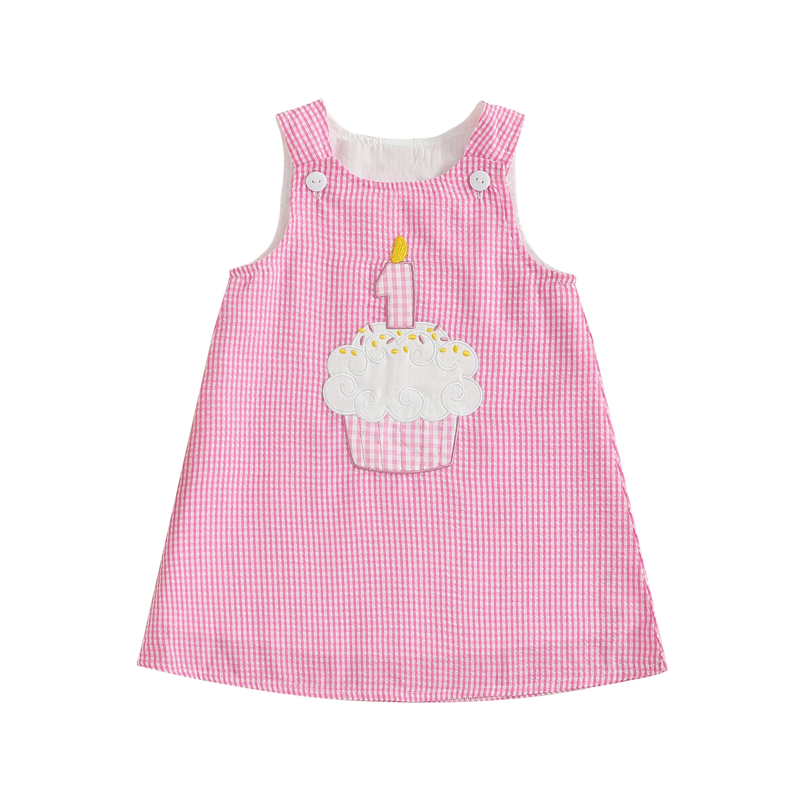Baby Girls Birthday Tank Dress Sleeveless Round Neck Cake Embroidery Plaid Dress 6m-18m