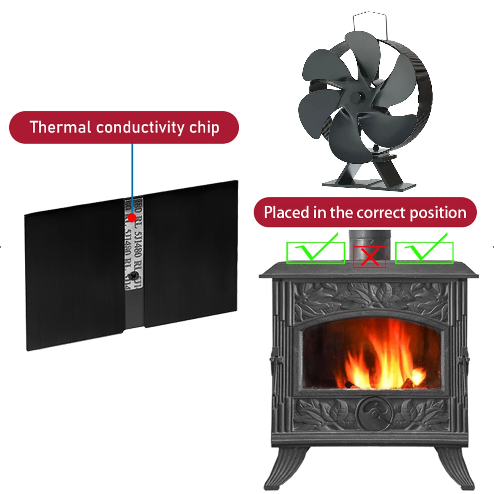 Fireplace Fan Overheating Protection Fan 6 Blade Furnace Fan Unpowered Quiet Running Round Longlifespan Home Accessories