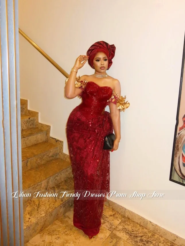 Customized Burgundy Strapless Gown Traditional Nigerian Banquet Evening Gown Sparkling Mermaid Skirt Engagement Dress 2026