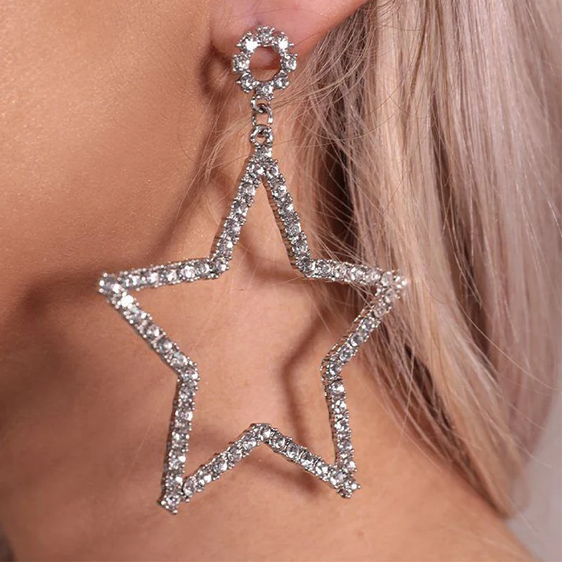 Stonefans 1 Pair Dangling Big Star Earrings Vintage 2022 Trend Luxury For Women Piercing Pendant Statement Crystal Loop Earrings