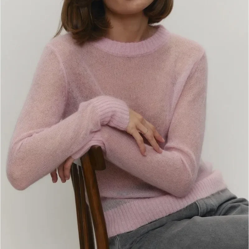 2026 Summer and Autumn New Thin Sweater Blouse Perspective Basic Knitted Sweater Candy Color 2