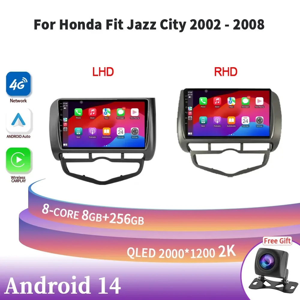 Wireless Carplay Stereo For Honda Fit Jazz City 2002-2008 Auto Radio Multimedia Navigation 4G GPS Android 14 2Din Screen