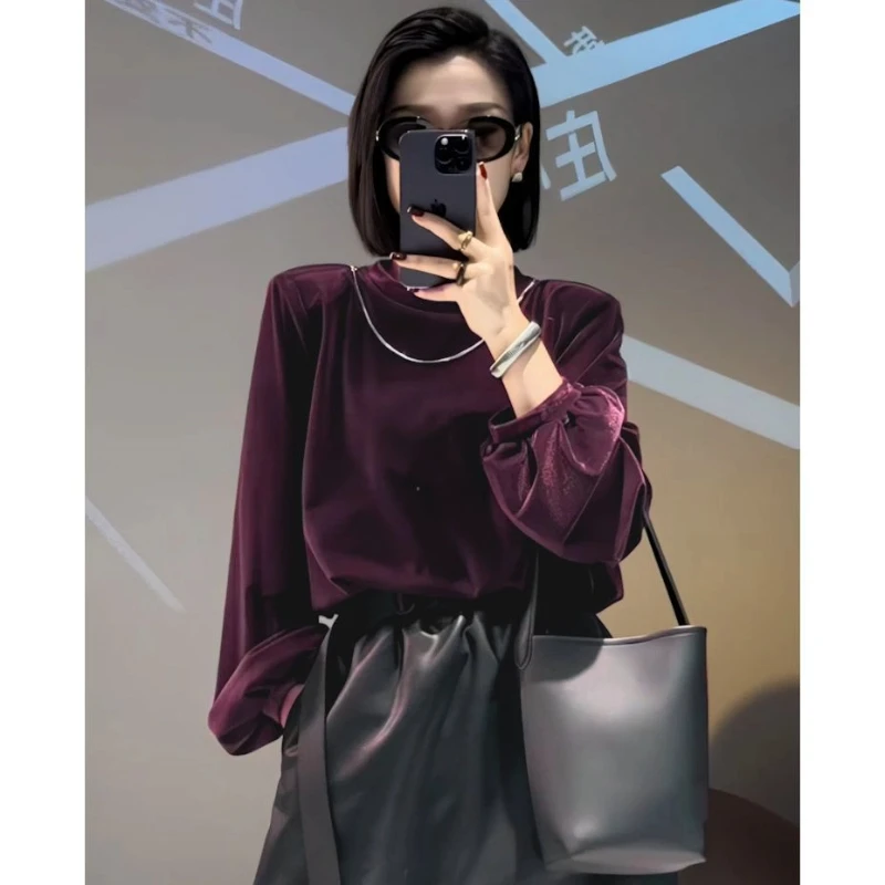 Vintage Long Sleeve Solid Loose Simplicity Gold Velvet Tops Spring Autumn All-match Casual T Shirts Elegant Office Women Clothes