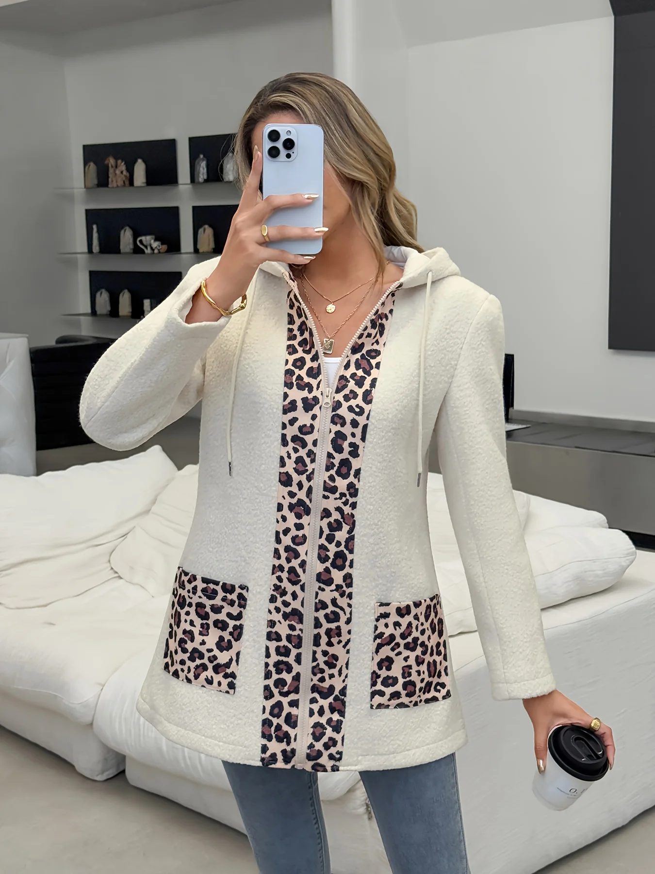 

Элегантная короткая женская куртка для пригородных поездок, модная смешанная ткань, цветные блоки, леопардовая подкладка, карман на молнии, женское пальто с капюшоном