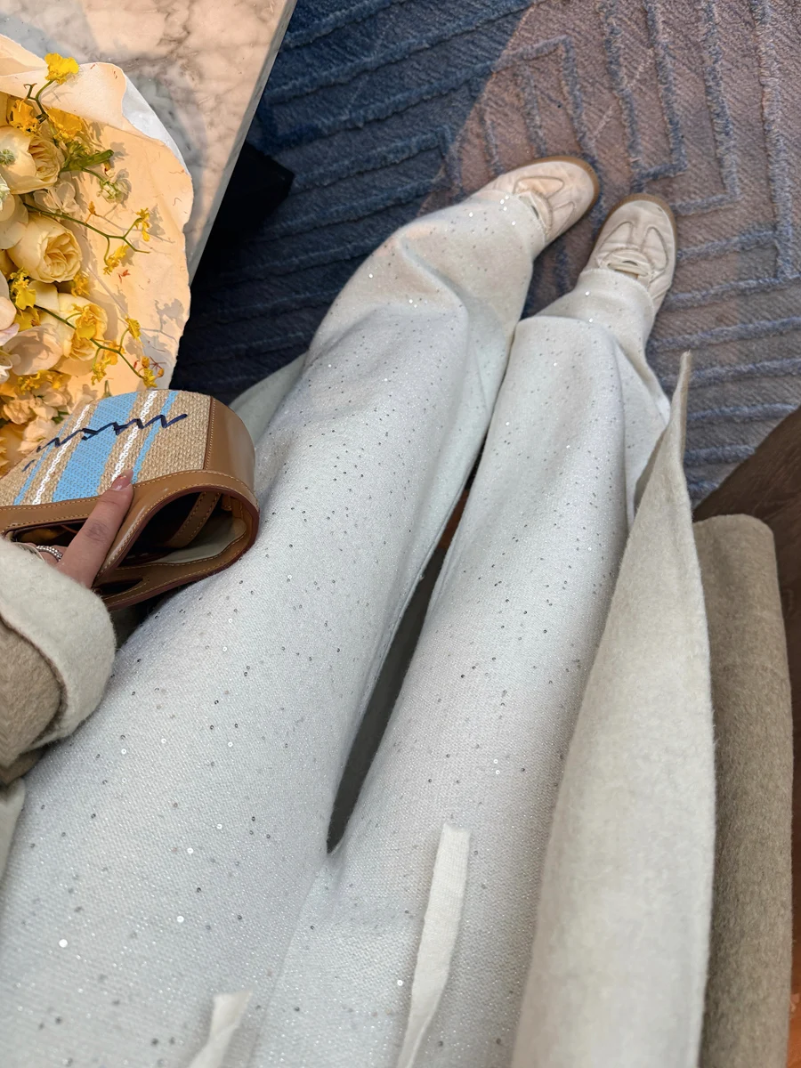 

Fall Winter Thiened iny Wool Wide Leg Pants Dstring Straight Cut Commute Casual Trousers mid Low Waist Other Material