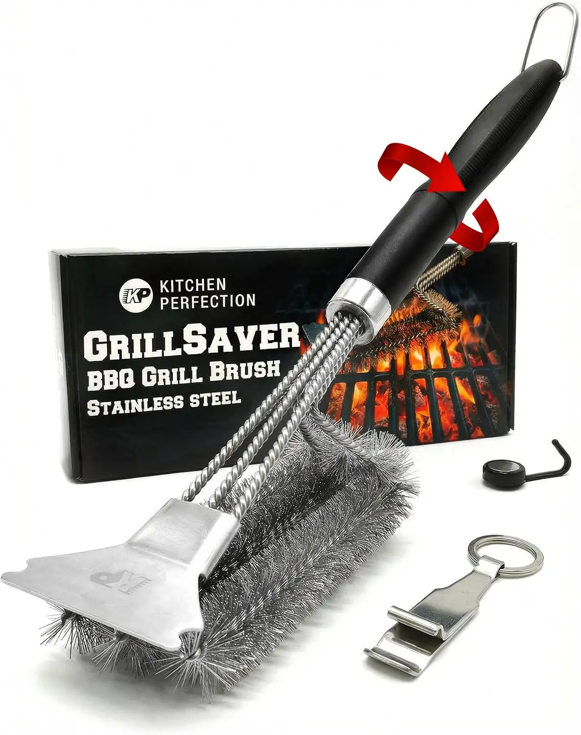 

Heavy-Duty Grill Brush with Replaceable Head, Scraper, Magnetic Hanger & Bottle Opener for All Grill Grates