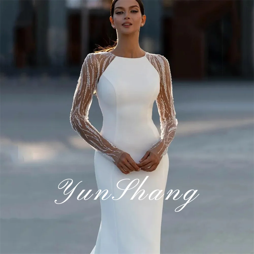 Yunshang Elegante Abito da Sposa a Sirena O-Collo Manica Lunga Illusion Back Crepe Abito da Sposa in Pizzo Treno Vestido De Novia personalizzato