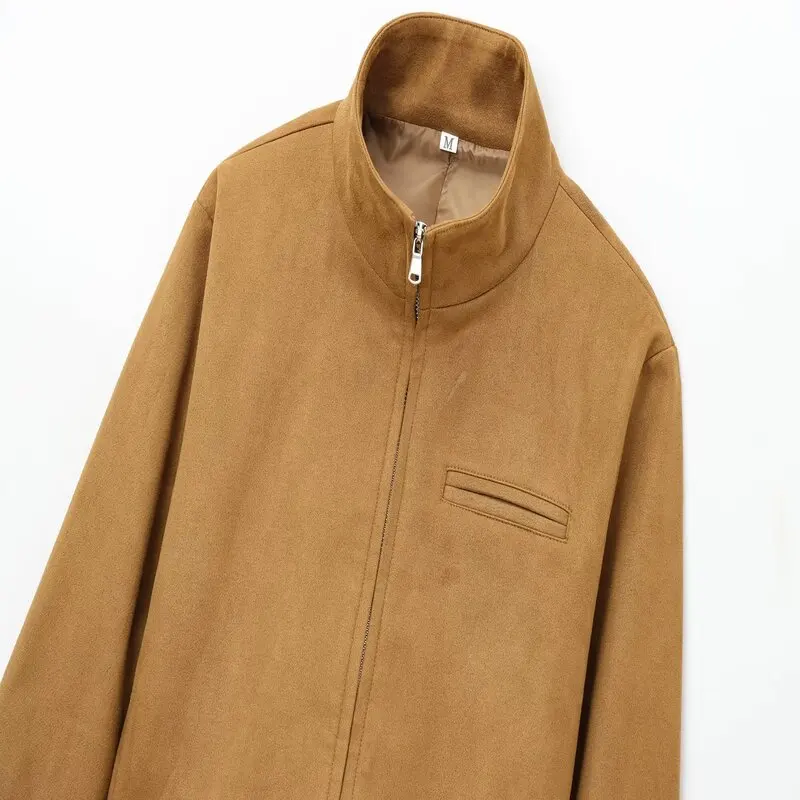 Spring 2025 New Women's Faux Leather Jaet Stand Collar Velvet Texture Outerwear Faion Versatile Loose Fit Regular Length