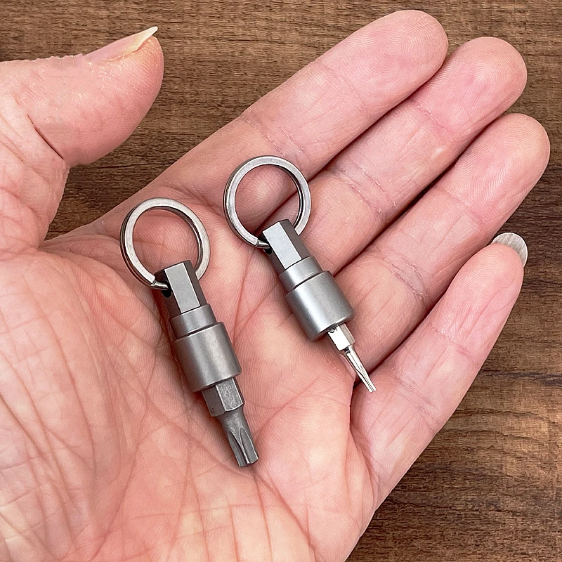 Titanium Alloy Mini Screwdriver Multifunctional Tool, Two Different Caliber Magnetic Suction Unpacking Bits Head Keychain