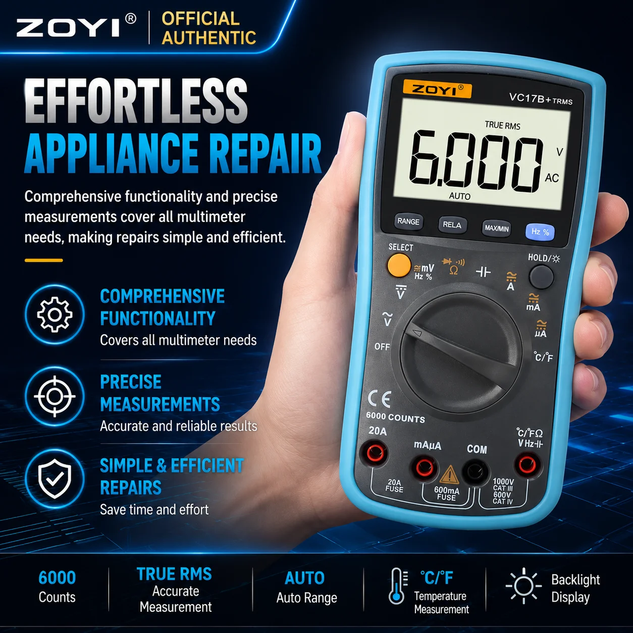 ZOYI 17B True RMS Digital Multimeter Electrician Home Appliance Repair Smart Anti-Burn Auto Range Digital Display