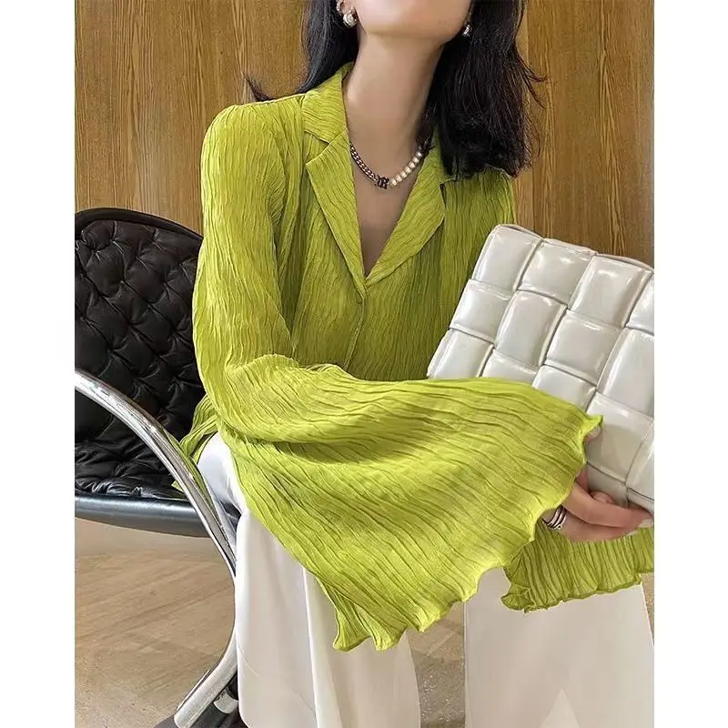 

Deeptown Elegant Green Flare Sleeve Blouses Female Vintage Pleated Shirts for Women Designer Spring 2022 Fashion Buttoned Shirt