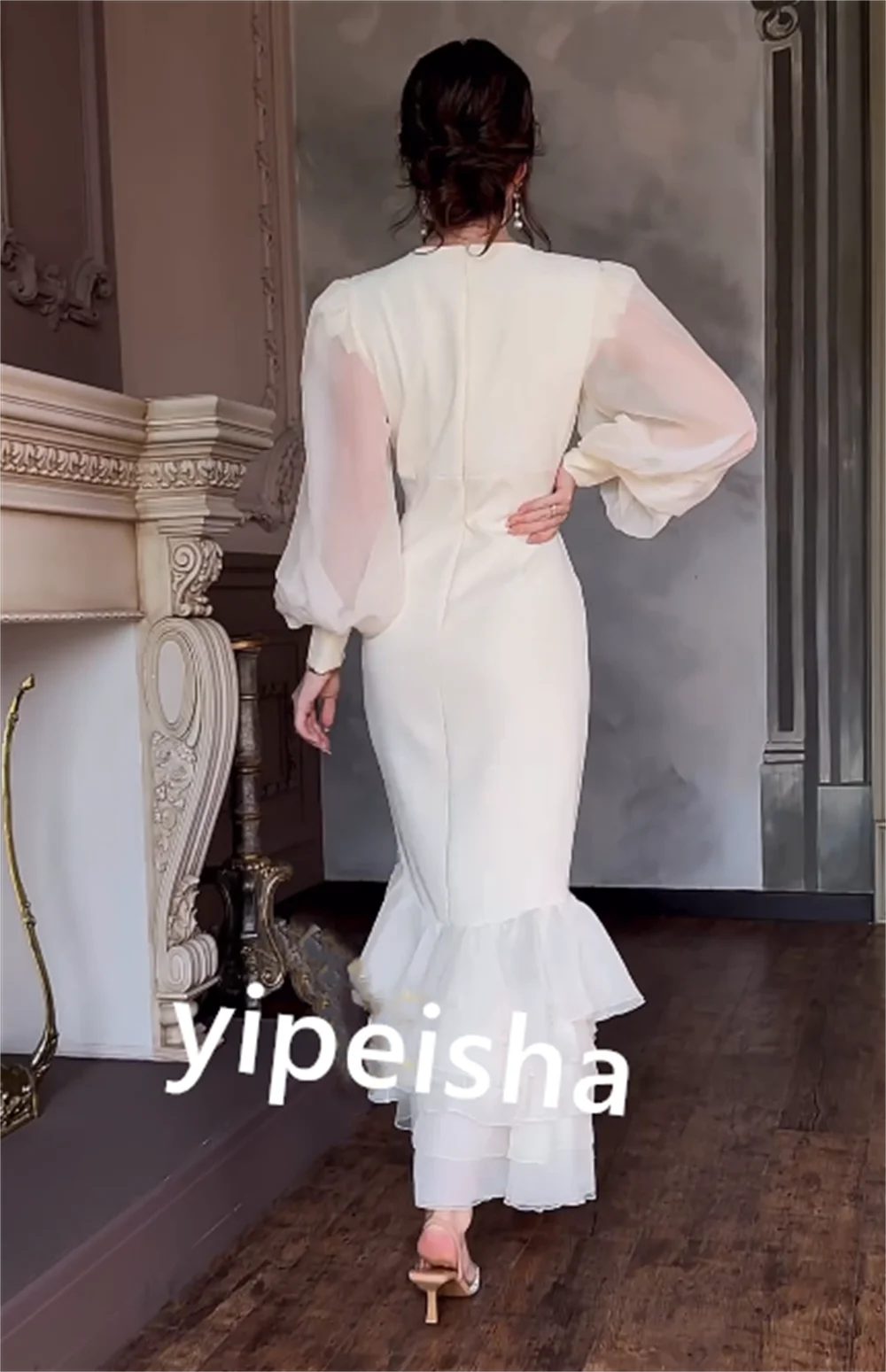 Robe de Fiançailles en Mousseline de Soie Plissée, Sirène, Col en V, sur Mesure, pour Occasions, Mi-Longue