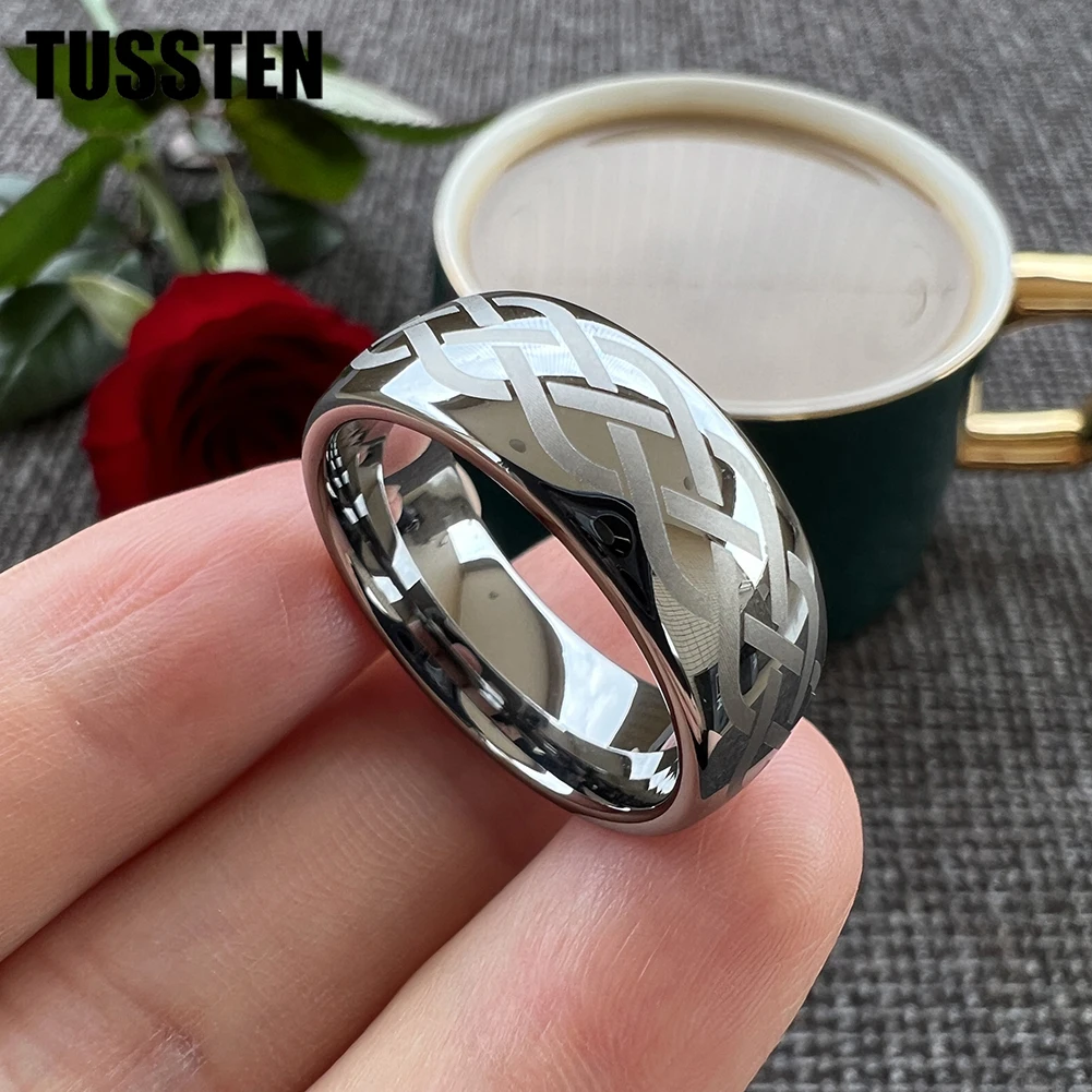 Dropshipping TUSSTEN 6/8MM Tungsten Steel Wedding Ring Dome Polished Laser Carved Viking Celtic Knot Comfortable Fit