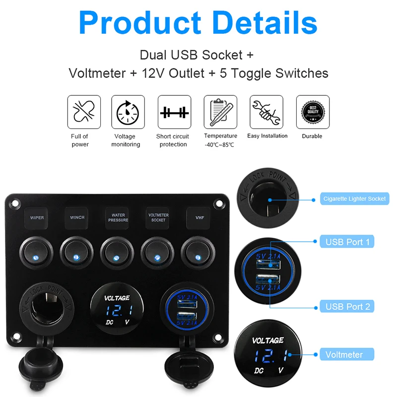 Panel de interruptor de 5 entradas para barco, circuito Led impermeable con voltímetro, Cargador Usb Dual, 12v y 24v
