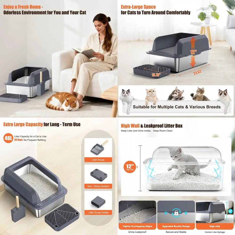 

Extra Large Stainless Steel Litter Box with Lid for Large Cats - Enclosed, Non-Stick, Easy Clean