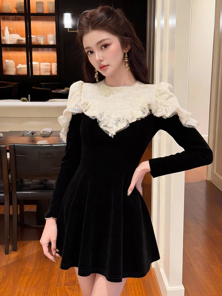 

Французское женское мини-платье в винтажном стиле с кружевом и оборками, элегантное, с круглым вырезом, приталенное, А-силуэт, для вечеринок, выпускных, повседневное, на каждый день