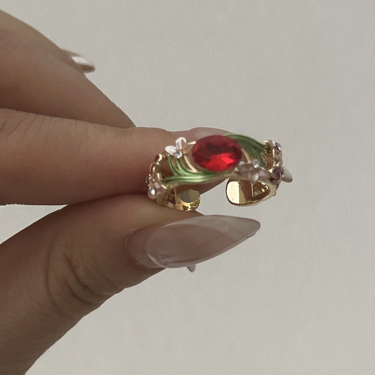 Vintage Bunter Blumen-Emaille Offener Ring für Frauen Kreativer Roter Strass Fingerring Exquisiter Charm Party-Schmuck Geschenke – Detail 4