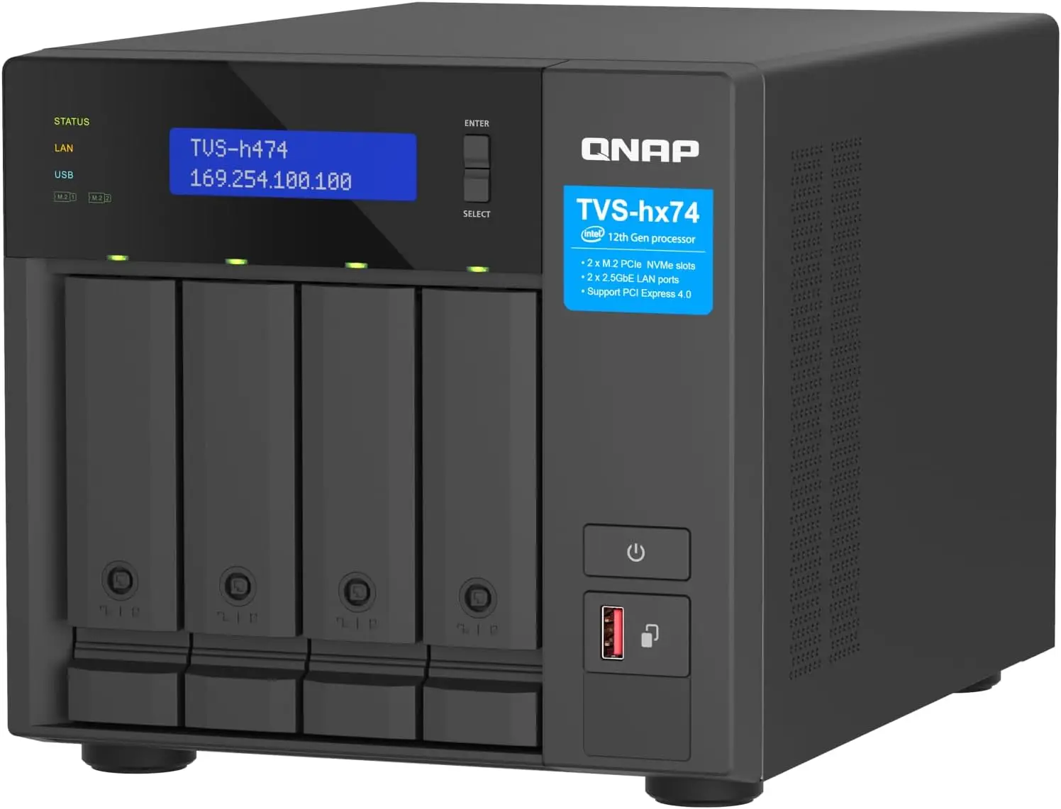 QNAP TVS-h474-PT-8G-US 4 Bay High-Speed Desktop NAS with Intel Pentium Gold 2-core CPU, 8GB DDR4 Memory, 2.5 GbE Networking and PCIe Gen 4 Expandability (Diskless)