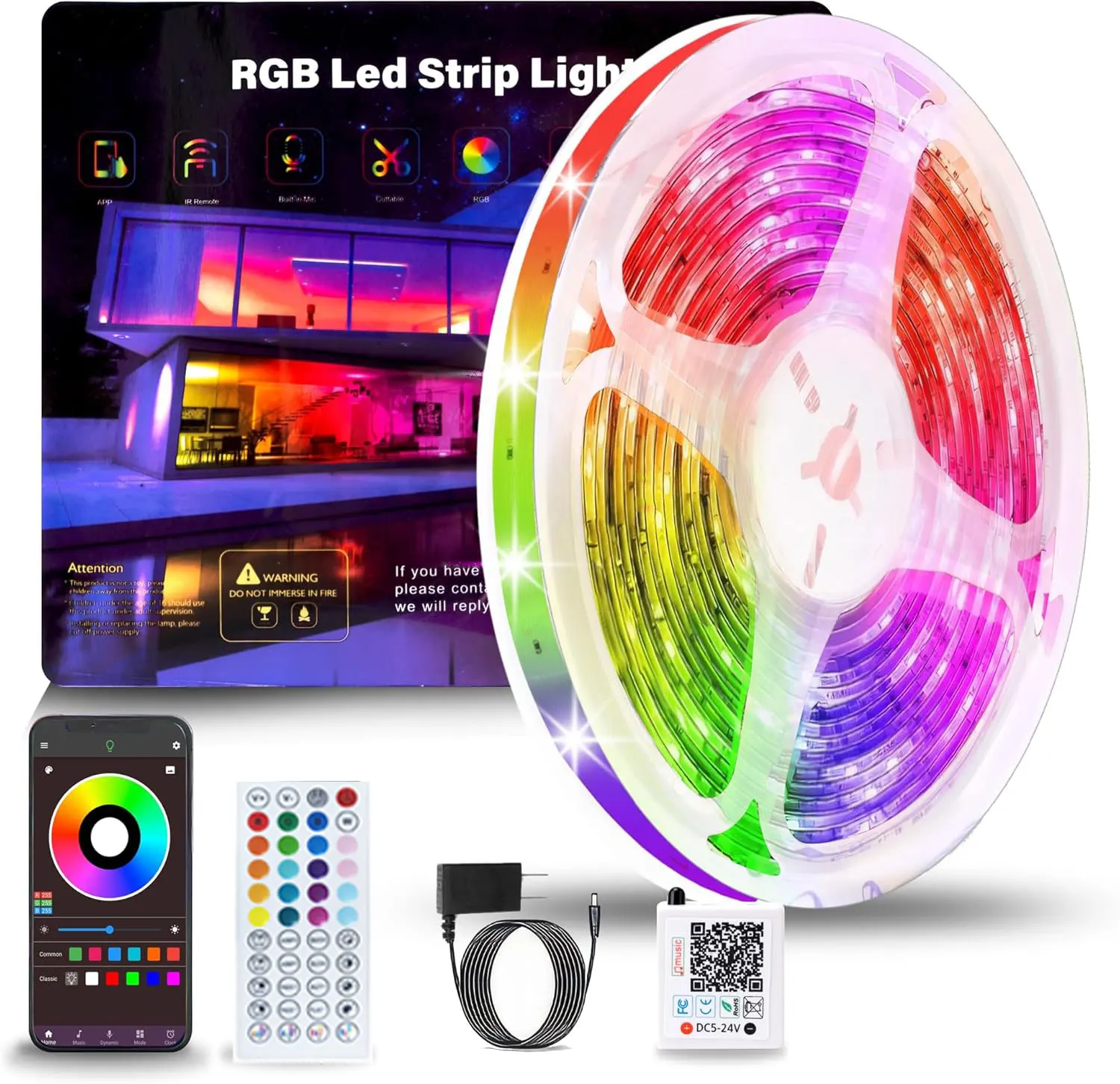 

5M-40M Светодиодные фонари для спальни, меняющие цвет, RGB светодиодные ленты, синхронизация музыки в помещении, 24 В, светодиодная лента с дистанционным управлением и управлением через приложение