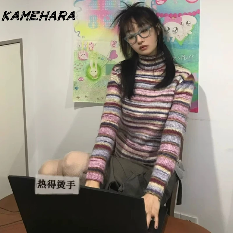 

KAMEHARA Japanese Y2k Turtleneck Sweater Vintage Rainbow Striped Pullover Korean Fashion Knitted Jumper Harajuku Grunge Jumpers