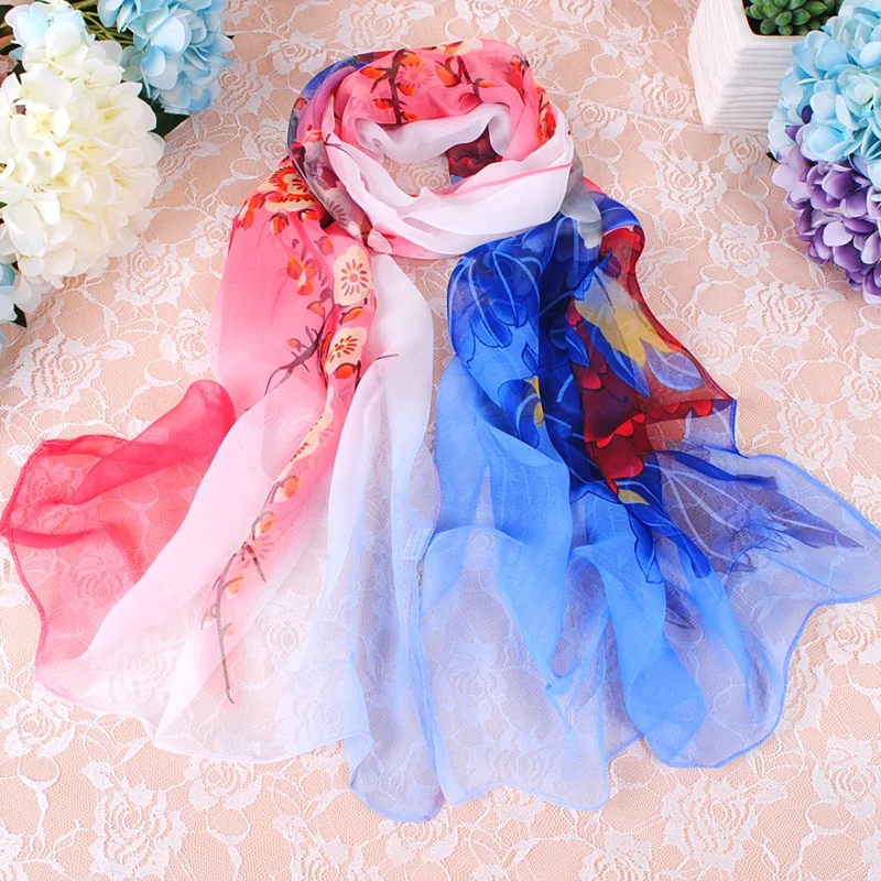 Elegant Beautiful Gradient Peony Chiffon Georgette Bandana Scarf Women Foulard Summer Beach Sunscreen Thin Hijab