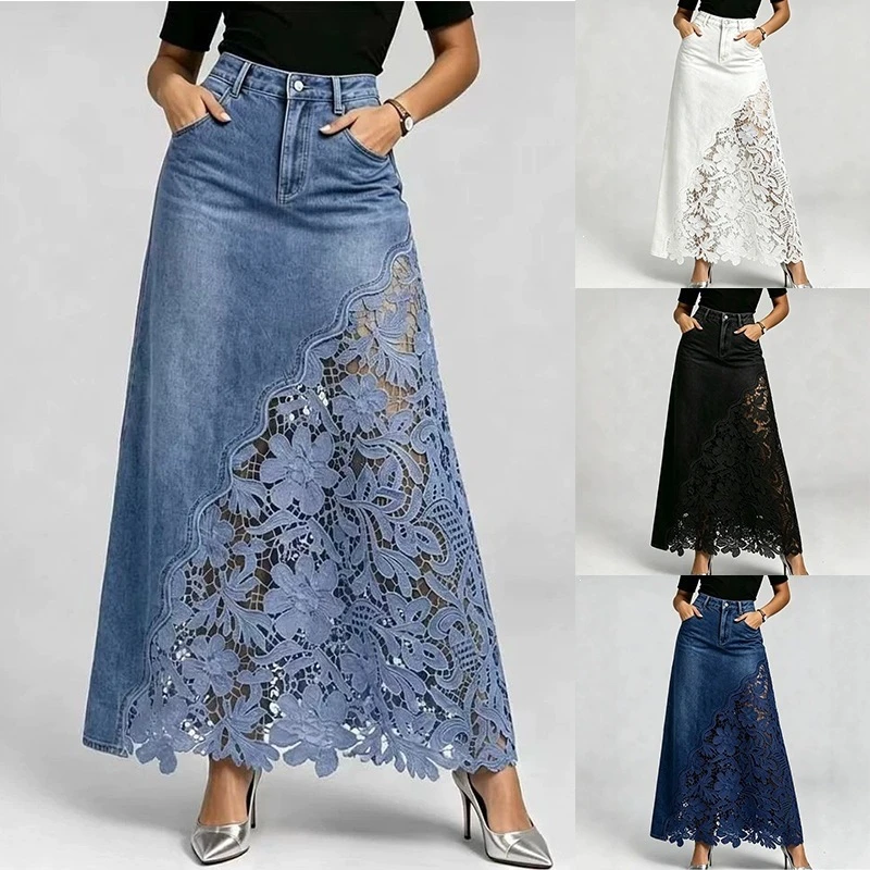 Women Elegant Lace Spliced Denim Skirt High Waist Slim A-line Skirt Washed Denim Wrap Hip Long Skirt All Match Fashion Bottoms