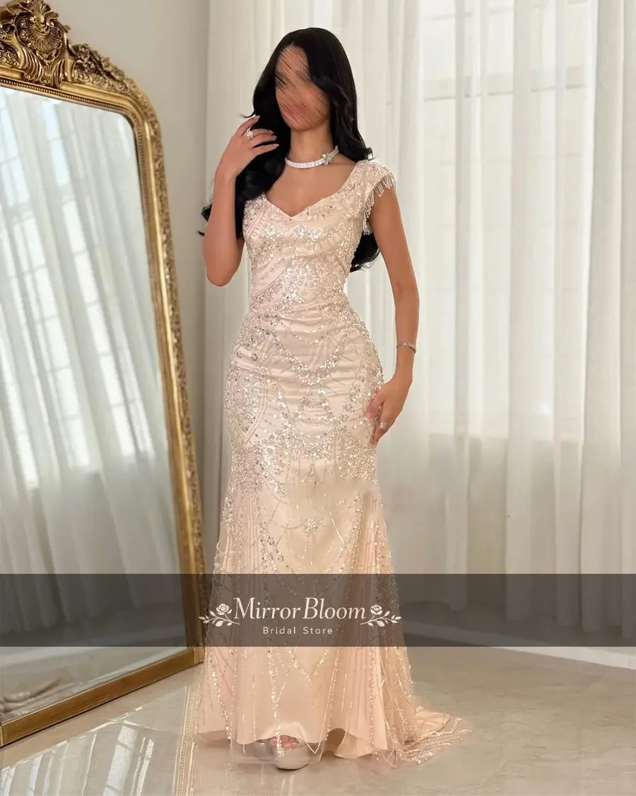 

Customized Elegant Champagne Sequin Women V Neck Formal Prom Gown Luxury Lace Wedding Guest Beaded Mermaid Evening Dresses