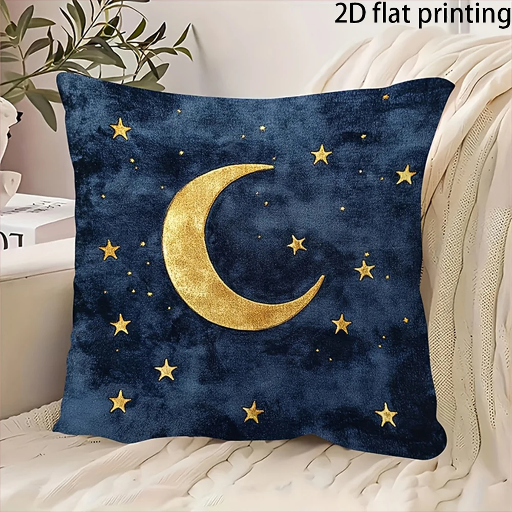 2D Flat-1PC Golden Moon Star Night Throw Pillow Cover ,Decorative cushion cover living room, bedroom, various types of rooms.
