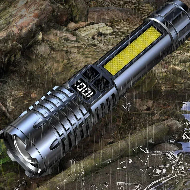 Powerful LED Flashlight Type C Rechargeable Waterproof Torch with Side Light 5 Modes Zoomable Lamp for Camping Fishing Lantern