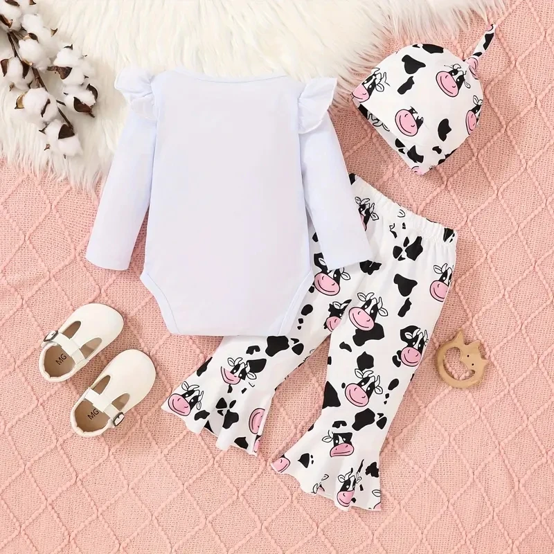 Infant Baby Cute Cow Print Set Long Sleeve Baby Romper Climbing Clothes + Bowknot Flared Pants + Hat 3pcs Set For Baby Girls