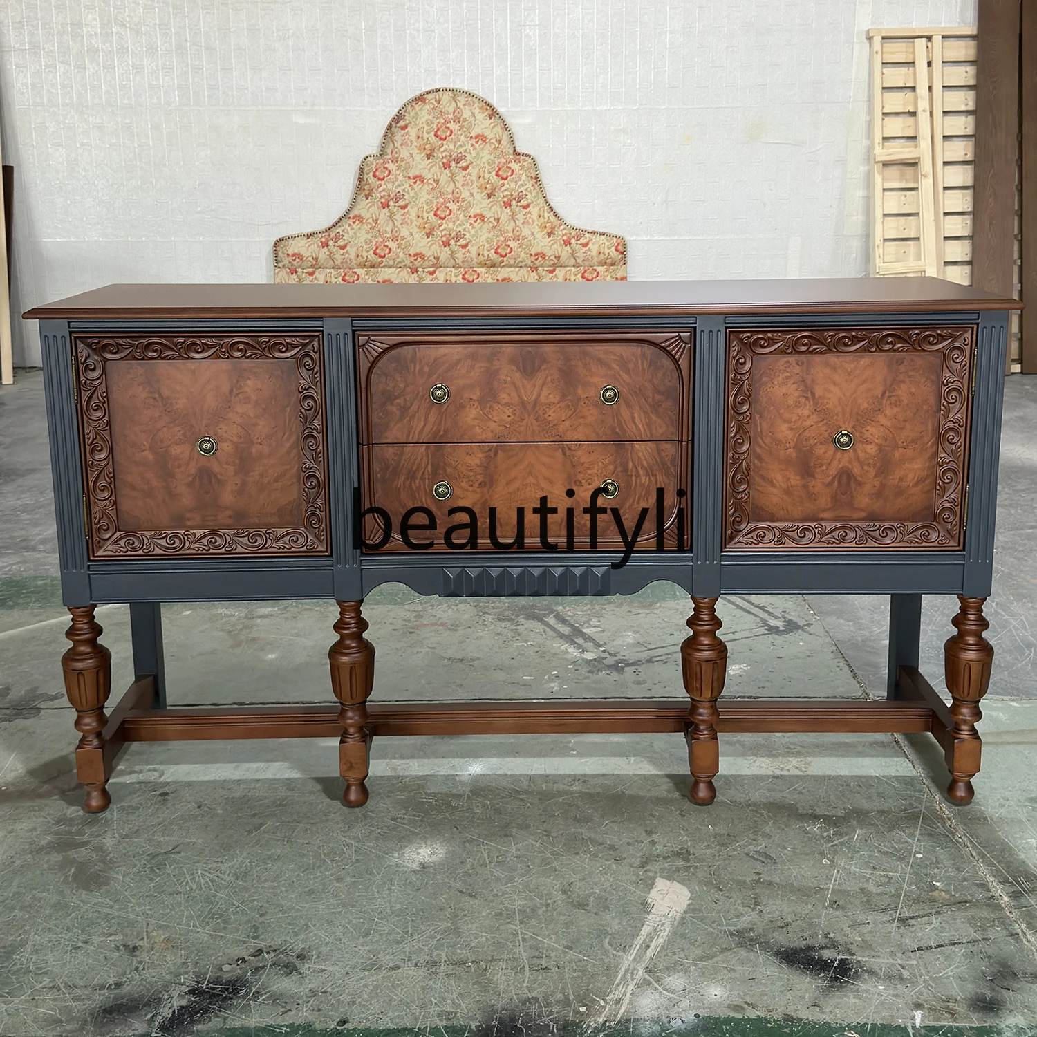 

French contrasting color dining side American solid wood entrance living room decoration household wall storage cabinet