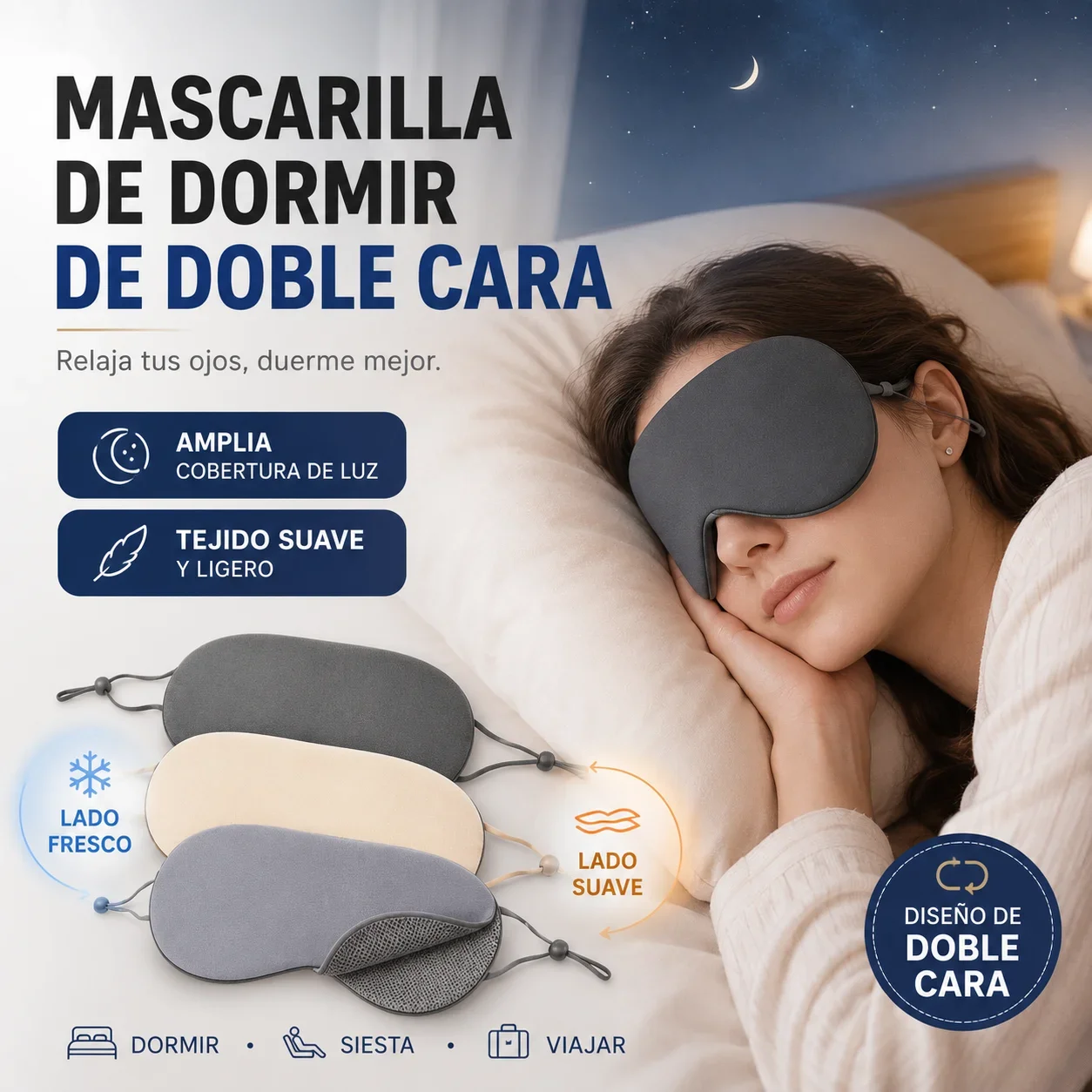 Double-sided Ice Silk Sleep Eye Mask 100% Blackout Zero Eye Pressure No Ear Pain Ultra Soft Warm Cool for Travel Nap Men Women