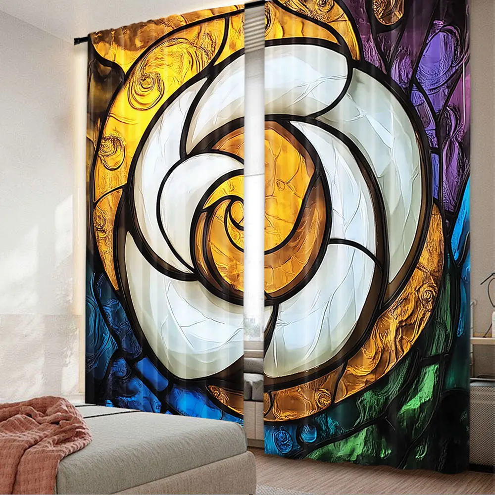 2Pcs Colorful Curtain Pop Style Funky Unusual Stained Glass Window Thai Art Traditional Image Suitable For Bedroom Bathroom