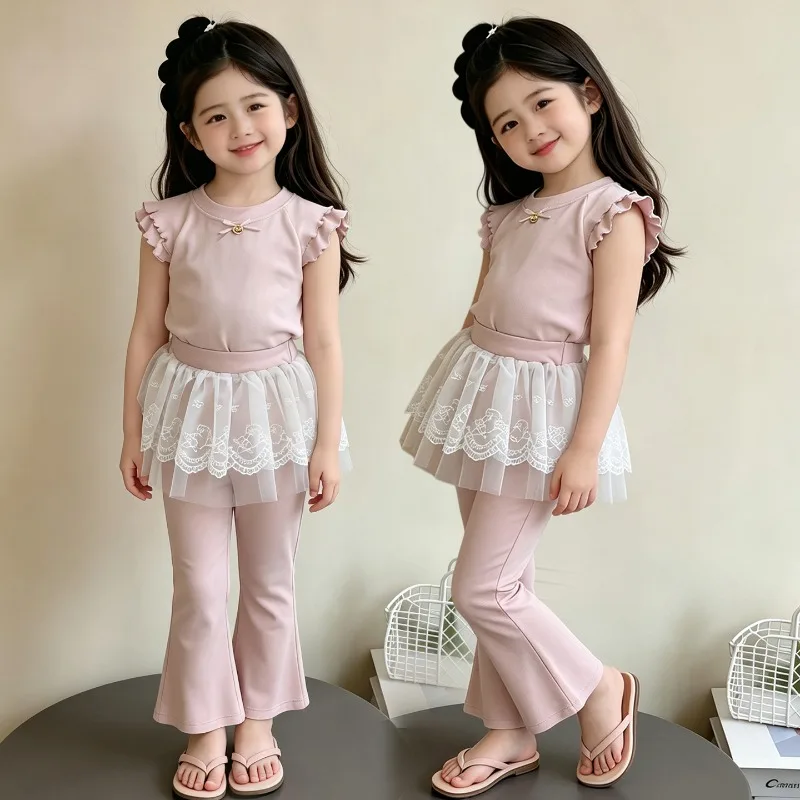 Girls Set 2026 New Summer Girls Flying Sleeve Tshirt Clothes Baby Fake Two Piece Skirt Pants Childrens Two Piece Set