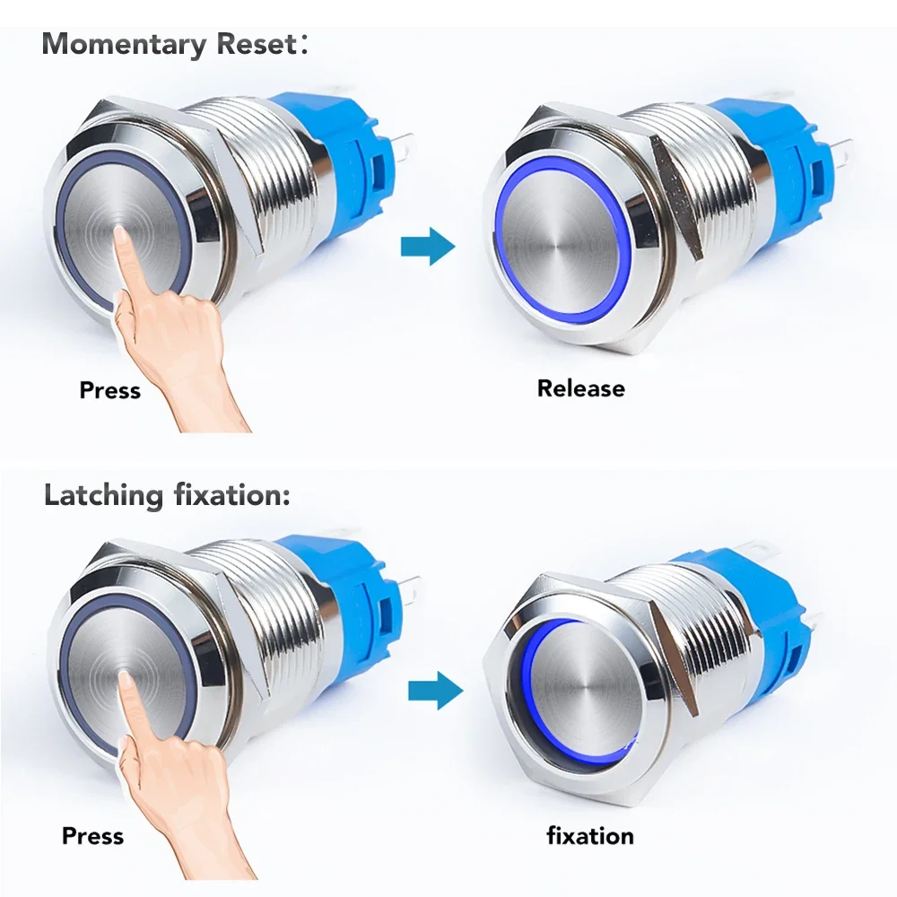 12/16/19/22mm Metal Push Button Switch Power Waterproof Flat Circular Button LED Light Self-lock  5v 12v 24v 220v